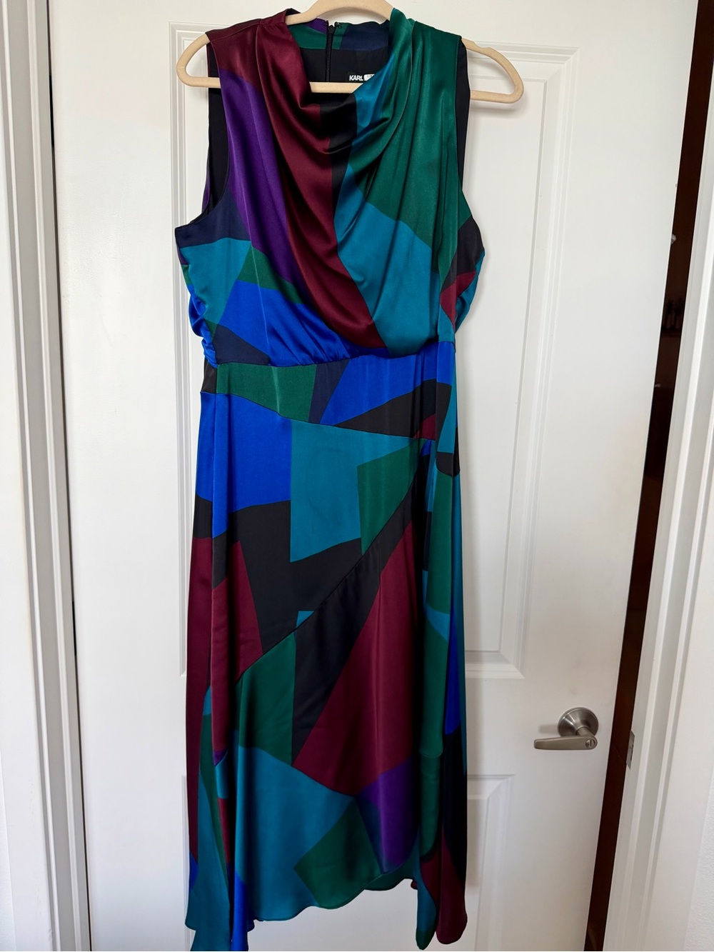 Karl Lagerfeld Geometric Draped Midi Dress in Teal, Blue, Burgundy and Black